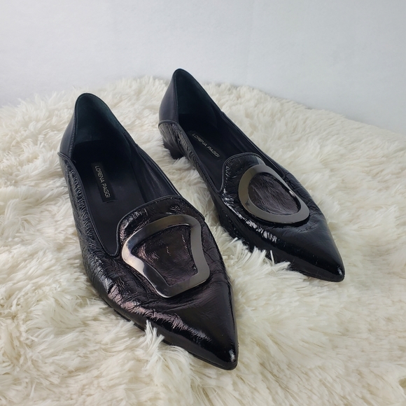 Lorena Paggi Shoes - LORENA PAGGI 1203 Black Patent Leather Duo Shape Buckled Loafers Women's Size 40
